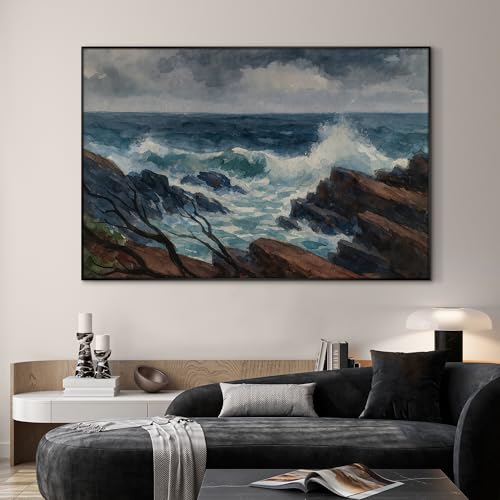 46"x72" Extra Large Framed Wall Art Rocky Seashore with Crashing Waves and Moody Sky for Home Living Room Bedroom Decor