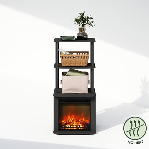 Turn-N-Tube Side Table, 3-Tier NO Heat Fireplace End Table with Open Shelf, Electric Fireplace Display Night Stand, Bedside Table, for Living Room, Bedroom, Americano/Black