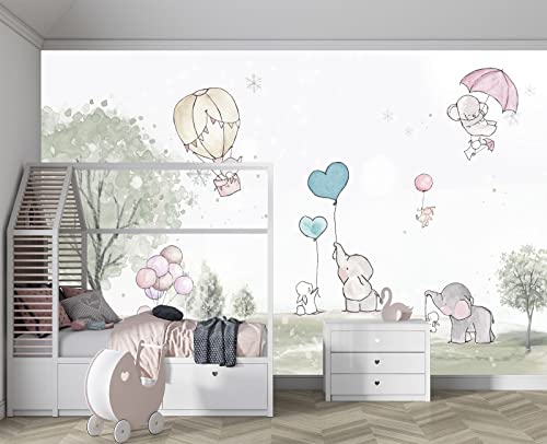 Cartoon Elephant Rabbit Balloon Nursery wall Mural Wallpaper 137" x 100" (95.12 Sq Ft)