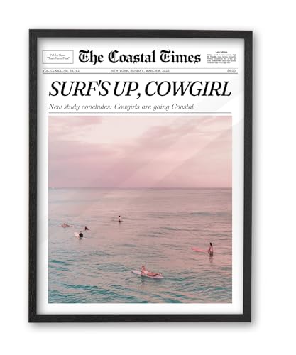 12x16in Surf’s Up Cowgirl Black Framed Newspaper Wall Art