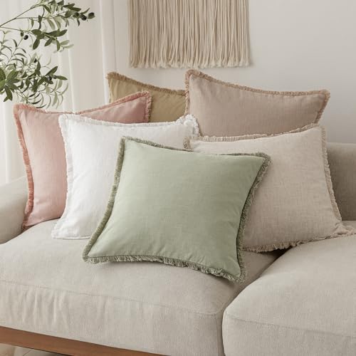 Boho Linen Fringe Lumbar Throw Pillow Covers 12×20 Light Green (2 Count)
