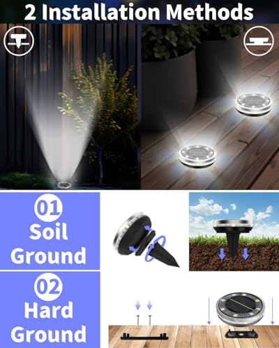 Solar Ground Lights Outdoor 12 Pack Waterproof Upgraded Flat Solar Garden Lights with 4 Side Light Stainless Steel Solar Powered Disc Light for Walkway Pathway Landscape Lawn Yard (12 Count)