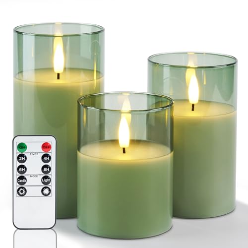 Green Glass Flameless LED Candles Battery Operated with Remote Timer (3 Count)