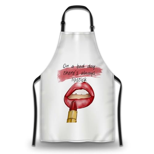 Kitchen Apron for Women Red Lips Quotes on a Bad Day There’s Always Lipstick Funny Aprons for Men for Cooking Restaurant BBQ Painting Crafting Gardening 27”