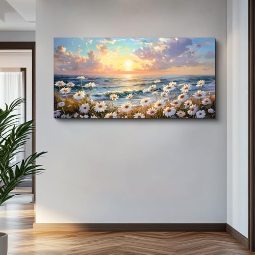 Large Canvas Wall Decor For Restaurant Wall Art For Living Room Bedroom Decor Beach With Waves Landscape Painting White Flowers Painting Artwork Office Bathroom Home Decoration 30x60 In