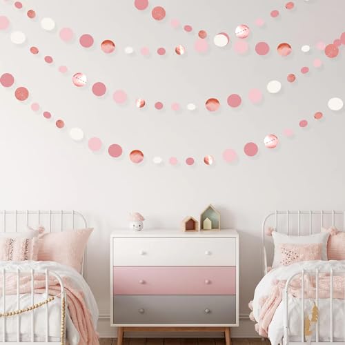 Rose Gold Party Decorations Dusty Pink Circle Dots Garland Blush Pink Hanging Paper Polka Dot Streamer for Birthday Wedding Bridal Shower Bachelorette Engagement Anniversary Party Supplies