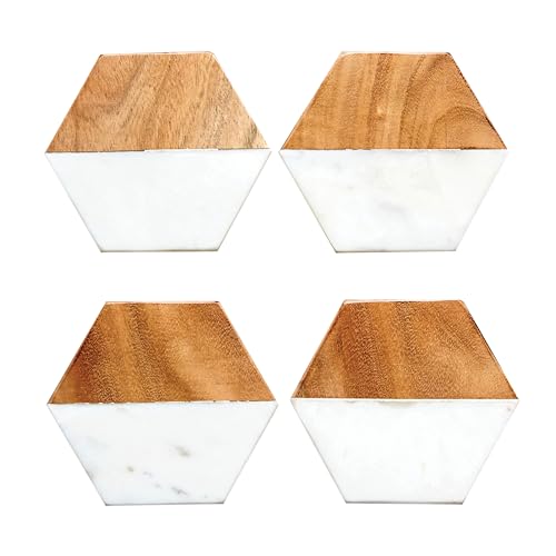 4 Piece Marble and Mango Wood Hexagon Coasters (4 Count)
