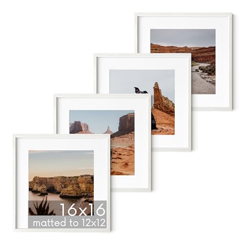 Solid Oak Wood 16”x16” Picture Frames Matted to 12”x12” Set of 4 (4 Count)