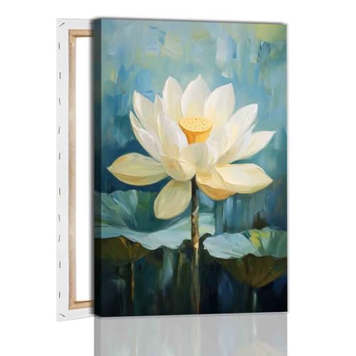 Abstract Lotus Canvas Wall Art White Flower Painting Zen Poster Abstract Floral Artwork 16x24inch framed