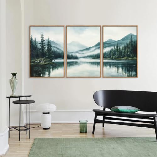 Large Mountain Lake Framed Canvas Wall Art Set