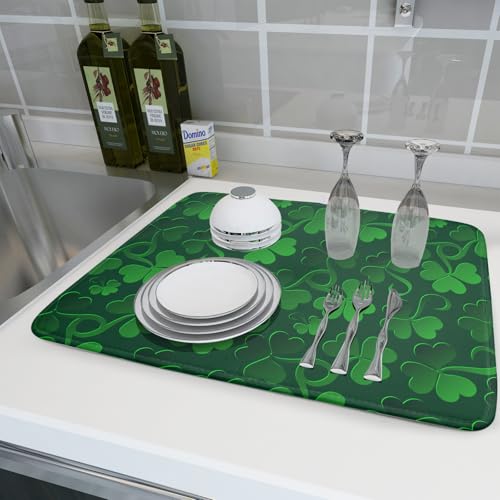 St Patricks Day Dish Drying Mat for Kitchen Shamrocks Absorbent Reversible Microfiber Kitchen Countertop Protector Dishes Pad Large 18x24 inch