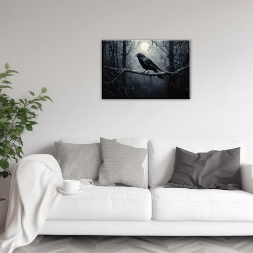 Crow Canvas Wall Art Black Crow Stand On The Branch Picture Print Moonlit Night Poster Vintage Forest Landscape Painting Artwork Living Room Halloween Decor