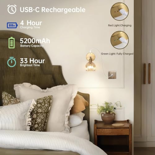 Battery Operated Vintage Wall Sconces with Amber Tulip Glass Lampshade Battery Powered Wall Lighting for Bedside Bedroom Doorway