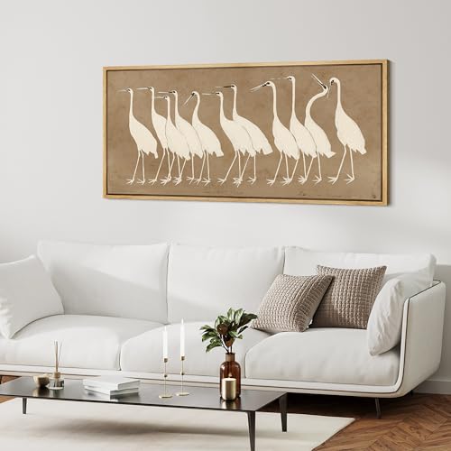 Extra Large Framed Canvas Print Wall Art Minimalist White Cranes on Beige Background Antique Retro Fine Art Illustrations Decorative Colorful for Bedroom
