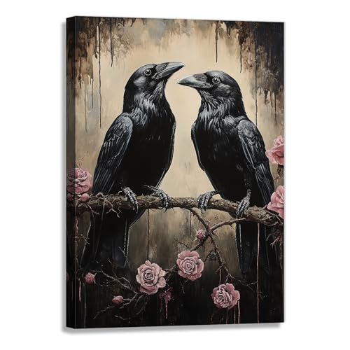 Crow Canvas Wall Art Black Raven Picture Print Pink Rose Poster Vintage Gothic Painting Artwork for Living Room Halloween Decor