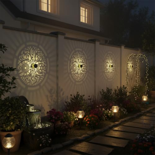 4 Pack Solar Fence Lights Metal Solar Powered Outdoor Wall Deck Step Lights Tree Theme Waterproof Fence Light for Garden Post Patio Backyard Yard Decor (4 Count)