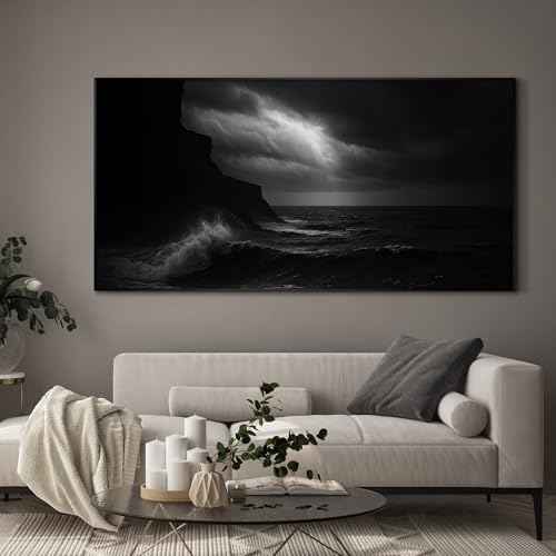 24"x46" Extra Large Framed Wall Art Dramatic Black and White Ocean Waves with Cliff and Stormy Sky for Home Living Room Bedroom Decor