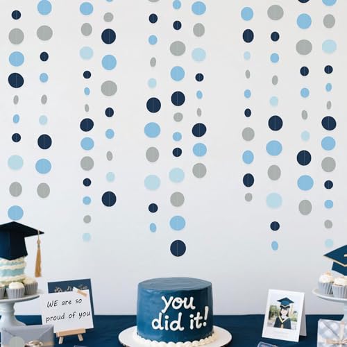 Dusty Blue Party Decorations Navy Blue Circle Dots Garland Gray Blue Hanging Paper Polka Dot Streamer for Wedding Shower Engagement Bridal Shower Birthday Graduation Nautical Themed Party Supplies