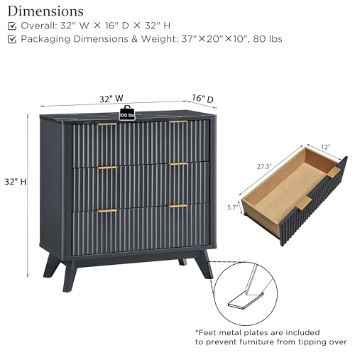 32" Large Fluted Nightstand with 3 Drawers