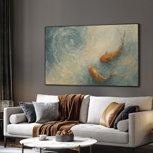 36"x60" Extra Large Framed Wall Art Koi Fish Swirl Tranquil Water Illustration for Home Living Room Bedroom Decor