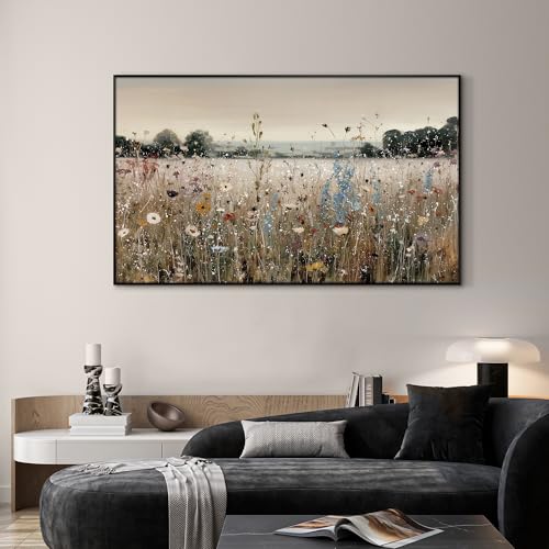 36"x60" Extra Large Framed Wall Art Wildflower Meadow Landscape Soft Pastel Field Illustration for Home Living Room Bedroom Decor