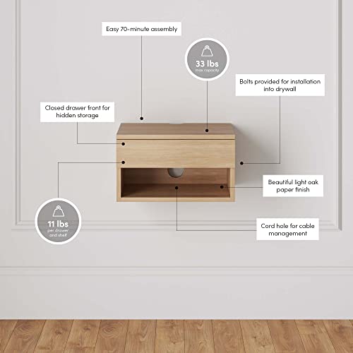 Jackson Wall Mounted Floating Bedroom Nightstand with Storage Drawer and Modern Open Shelf Cubby Set of 2