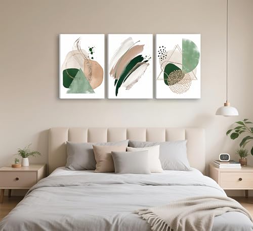 3Pcs Framed Sage Green Minimalist Geometric Abstract Wall Art (3 Count)