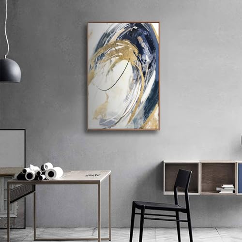Gold Wall Decor Living Room Abstract Wall Art Blue Paintings Bedroom Aesthetic Frame Wall Decorations Large Artwork for Home Office 24x36 Inch