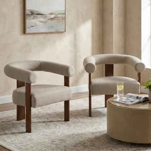 Barrel Accent Chairs Set of 2 with Armrests and Walnut Wood Legs (2 Count)
