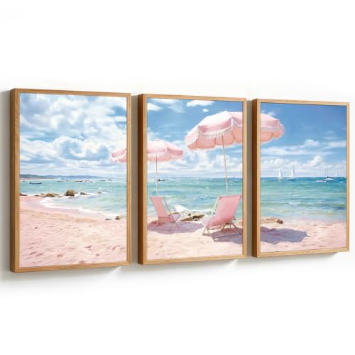 KAlRNE Seascape Coastal Decor Pink Beach Ocean Art Print Set (3 Count)