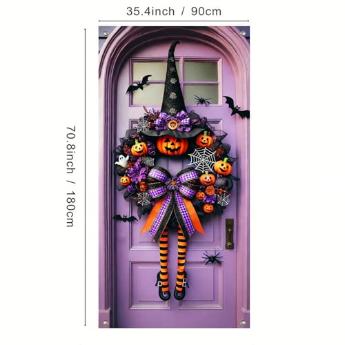 Halloween Door Cover Purple Pumpkin Bow 71 x 35 Inch