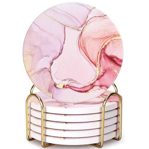 6 Pcs Pink Marble Abstract Ceramic Coasters with Holder for Coffee Table (6 Count)