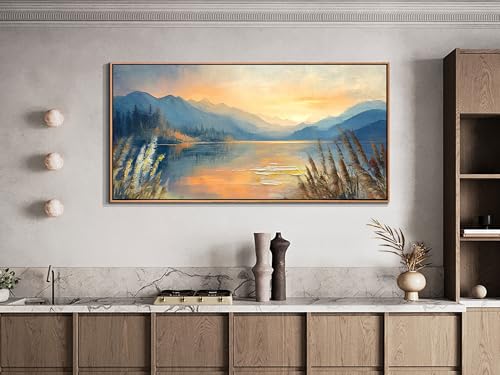Landscape Painting Sunset Mountain Lake Canvas Wall Art Textured Wood Framed Large 48"x24"