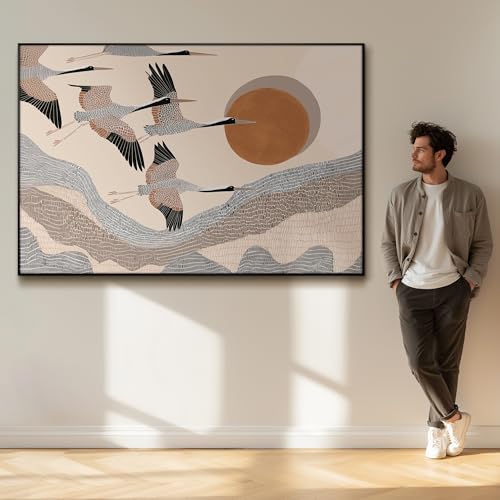 46"x72" Extra Large Framed Wall Art Flying Cranes Over Sunlit Hills Illustration for Home Living Room Bedroom Decor