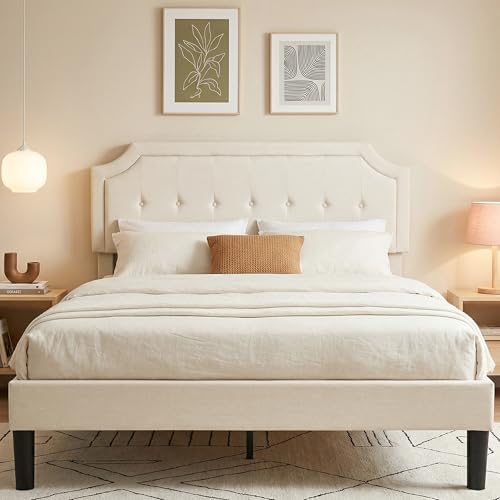 Queen Size Bed Frame with Fabric Upholstered Headboard