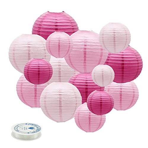 Pink Round Chinese Paper Lanterns Decorative (15 Count)