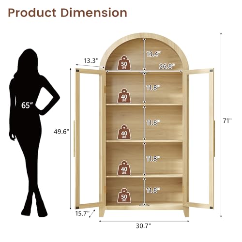 71" Arched Kitchen Pantry Storage Cabinet with Glass Doors