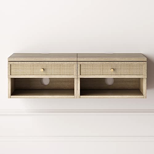 Jackson Wall Mounted Rattan Floating Bedroom Nightstand with Storage Drawer and Modern Open Shelf Cubby (2 Count)