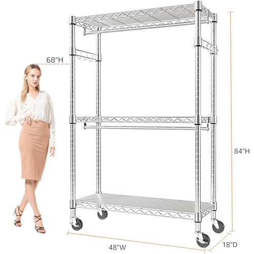 Heavy Duty Rolling Garment Rack 3 Tiers Adjustable Wire Shelving Clothes Rack with 2 Rods and Side Hooks