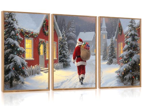 3 Pcs Santa Is Coming To Town Framed Wall Art 16x24 Inch