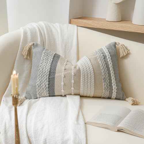 Decorative Lumbar Throw Pillow Cover 12x20 Boho Gray Accent Cushion for Couch Sofa Farmhouse Pillowcase for Bedroom Living Room Home Décor Cover ONLY