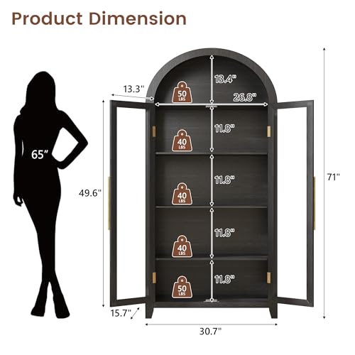 71" Arched Storage Cabinet with Glass Doors and LED Lights