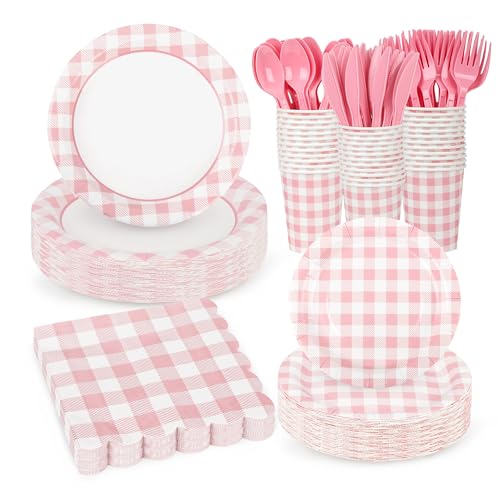 175 Pcs Pink Gingham Paper Plates and Napkins with Cups (175 Count)