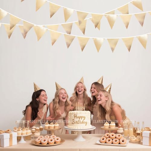 Champagne Gold Party Decoration Metallic Fabric Triangle Pennant Banner Flag Bunting Garland for Birthday Engagement Bridal Shower Wedding Anniversary Graduation Bachelorette Party Decoration Supplies (36 Count)