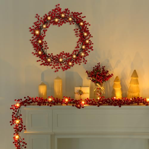 2 Pack 8.9FT Christmas Red Berry Garland with String Lights (2 Count)