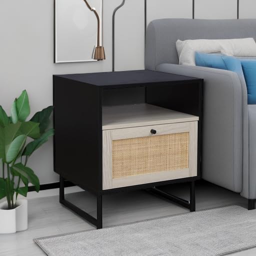 Mina Rattan Wood End Side Accent Table Nightstand with Storage for Living Room or Bedroom