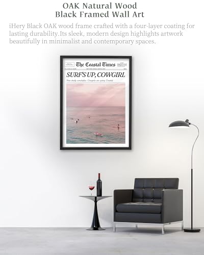 12x16in Surf’s Up Cowgirl Black Framed Newspaper Wall Art