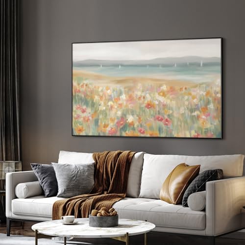 36"x60" Extra Large Framed Wall Art Coastal Flower Field with Sailing Boats Serene Landscape Illustration for Home Living Room Bedroom Decor