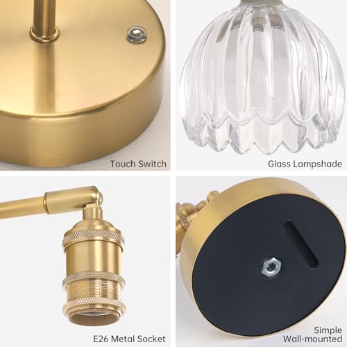 Battery Operated Vintage Wall Sconces with Transparent Tulip Glass Lampshade Battery Powered Wall Lighting for Bedside Bedroom Doorway