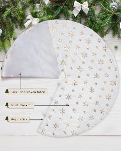 48 Inches Faux Fur Christmas Tree Skirt for Xmas Tree Holiday Party Decoration White Plush Gold Sequin Snowflake